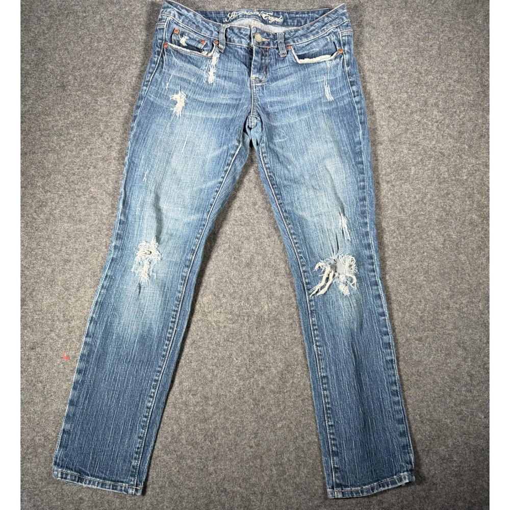 American Eagle Skinny 77 Jeans Womens‎ 8 Short Distressed MediWash Blue Low Rise